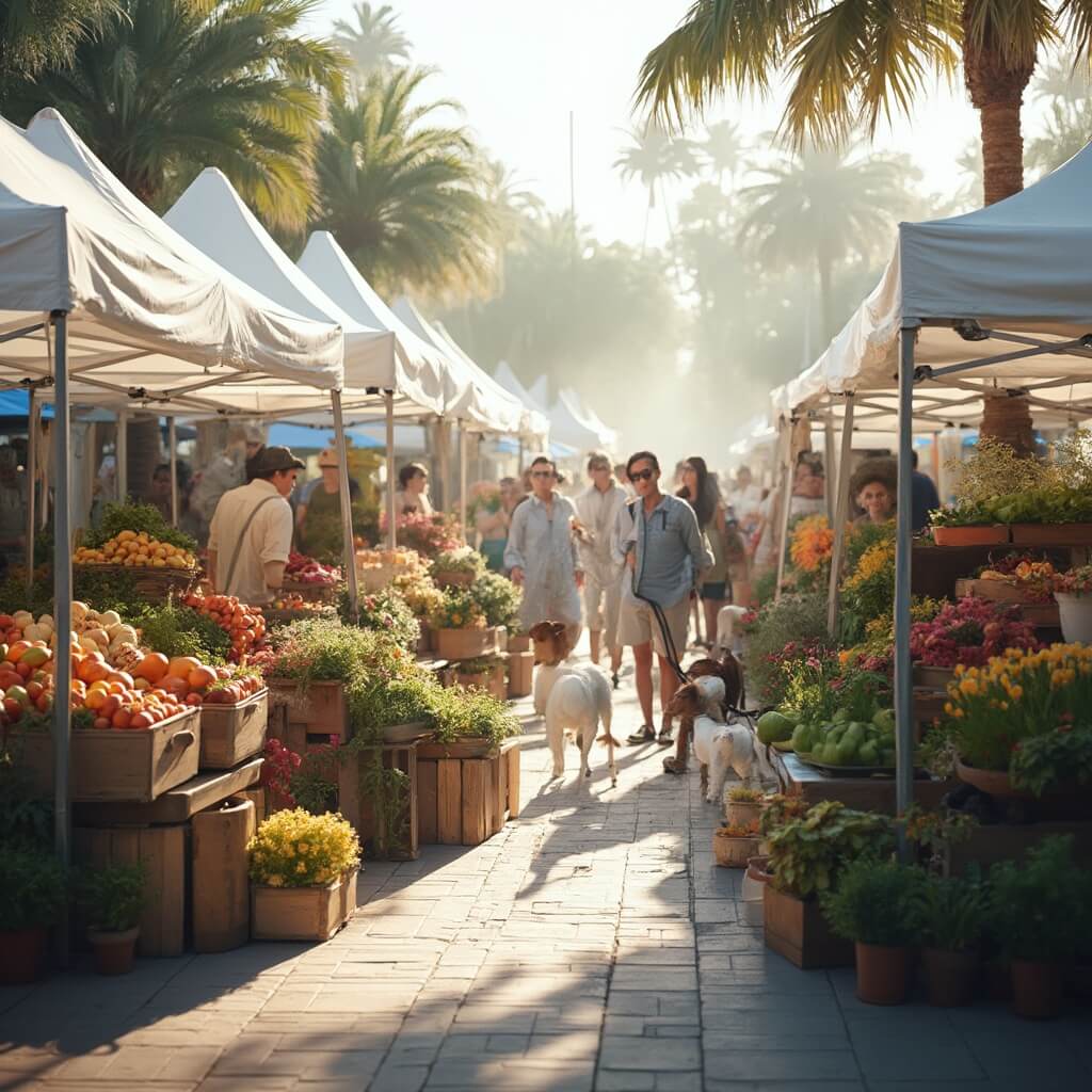 Weather Warning: Port St. Lucie's September Survival Guide - What They Don't Want You to Know! Sunny Florida farmers market on a Sunday morning with people and dogs strolling amidst white canopy tents, wooden crates of fresh produce, potted plants and flowers, under the shade of palm trees with a soft atmospheric haze.