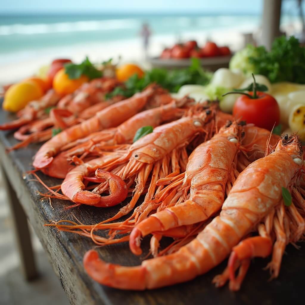 Fort Myers Beach: Your Ultimate May Escape Revealed (Without the Tourist Traps!) Close-up of fresh Florida seafood, including Gulf shrimp and crab legs, alongside vibrant local produce on a rustic wooden table, with softly focused beach scenery in the background.