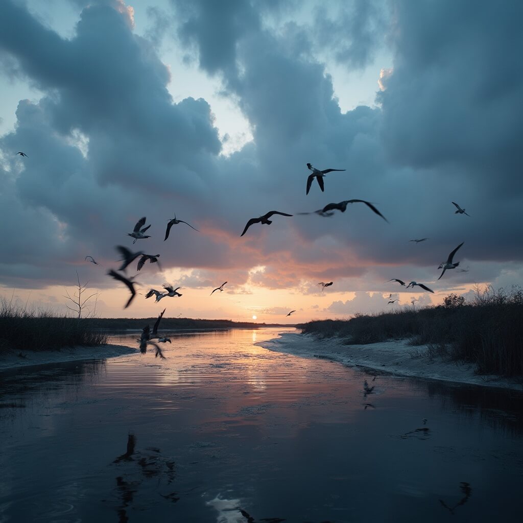 Hurricane Season Sweet Spot: Your Ultimate Guide to Fort Myers Beach in September Dramatic Florida Gulf Coast sunset with silhouetted migratory birds, pre-storm clouds, calm water, and native shoreline vegetation