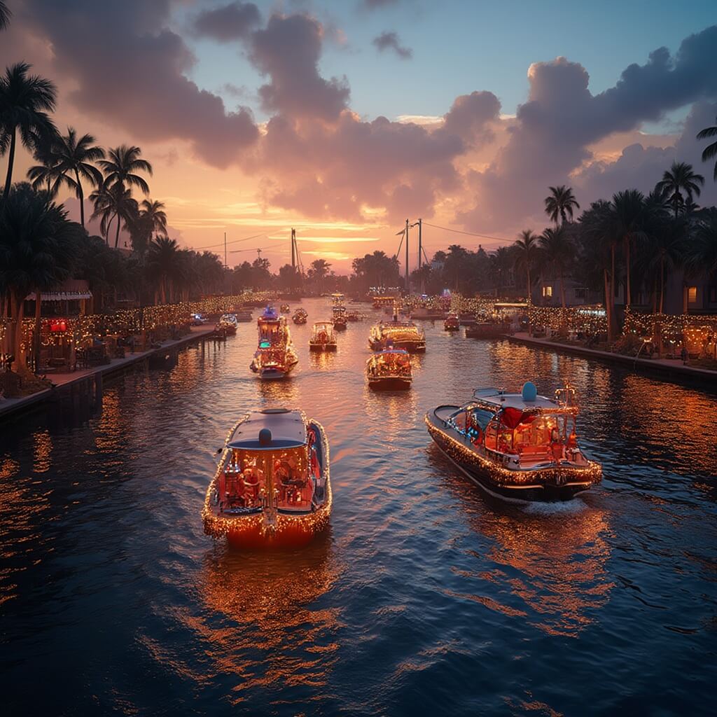 Cape Coral in December: Your Ultimate Winter Escape Guide Decorated boats with Christmas lights participating in festive holiday boat parade on calm Florida canal, palm trees silhouetted against sunset sky