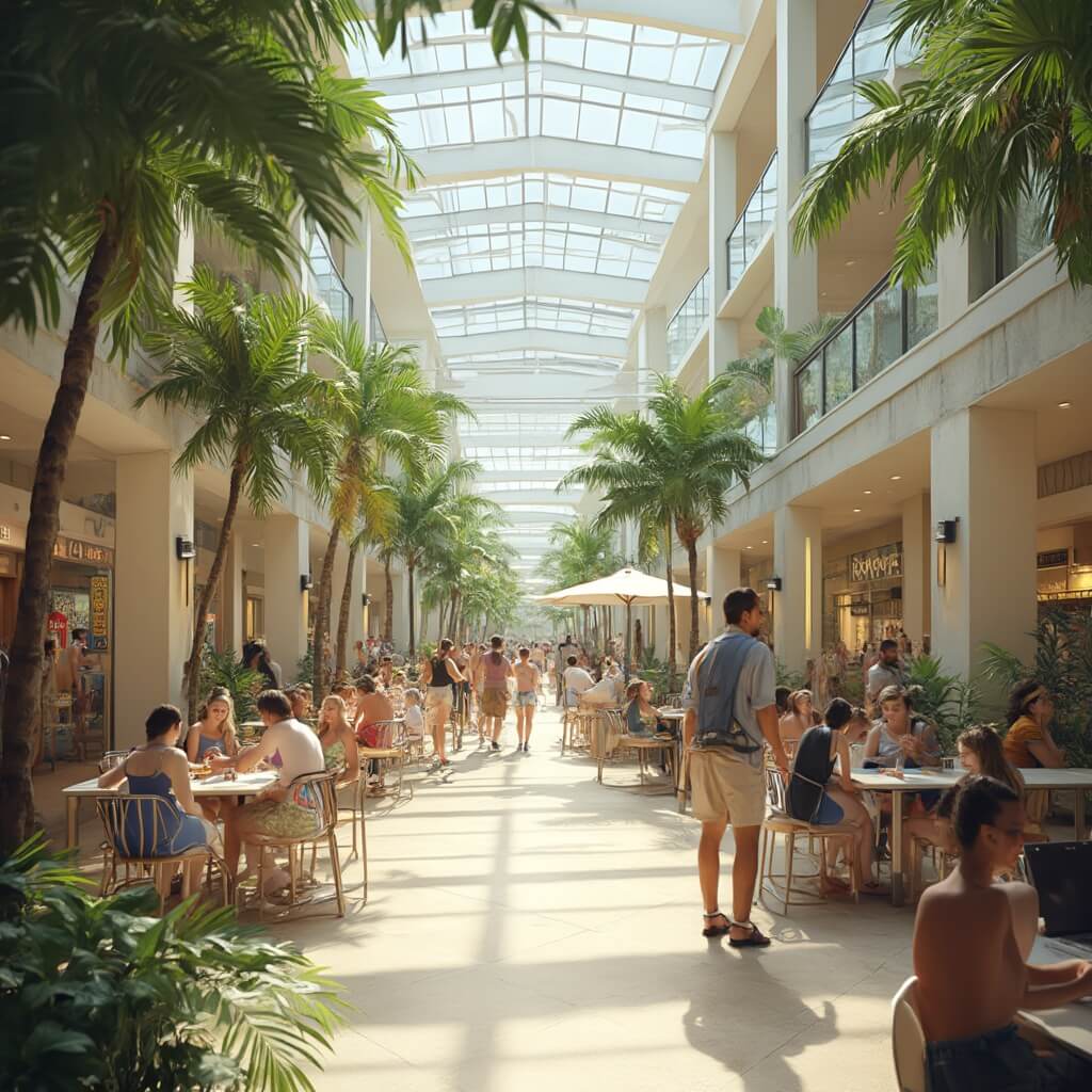 Modern shopping center in Port St. Lucie with families enjoying indoor greenery and cafes under a high glass ceiling offering natural light, symbolizing Floridian architectural adaptation to hot summer weather.