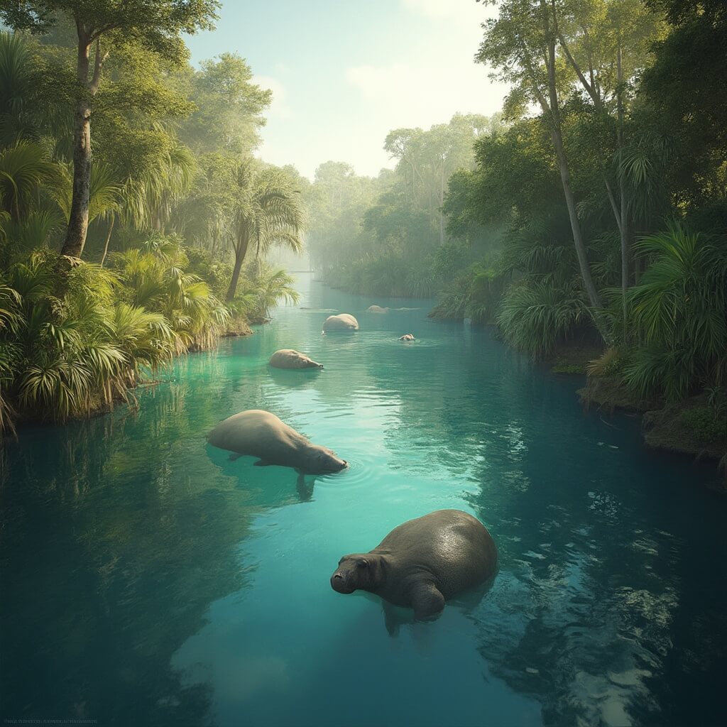 Large manatees in clear Florida waters surrounded by lush tropical vegetation under soft sunlight, in a serene wildlife photography style