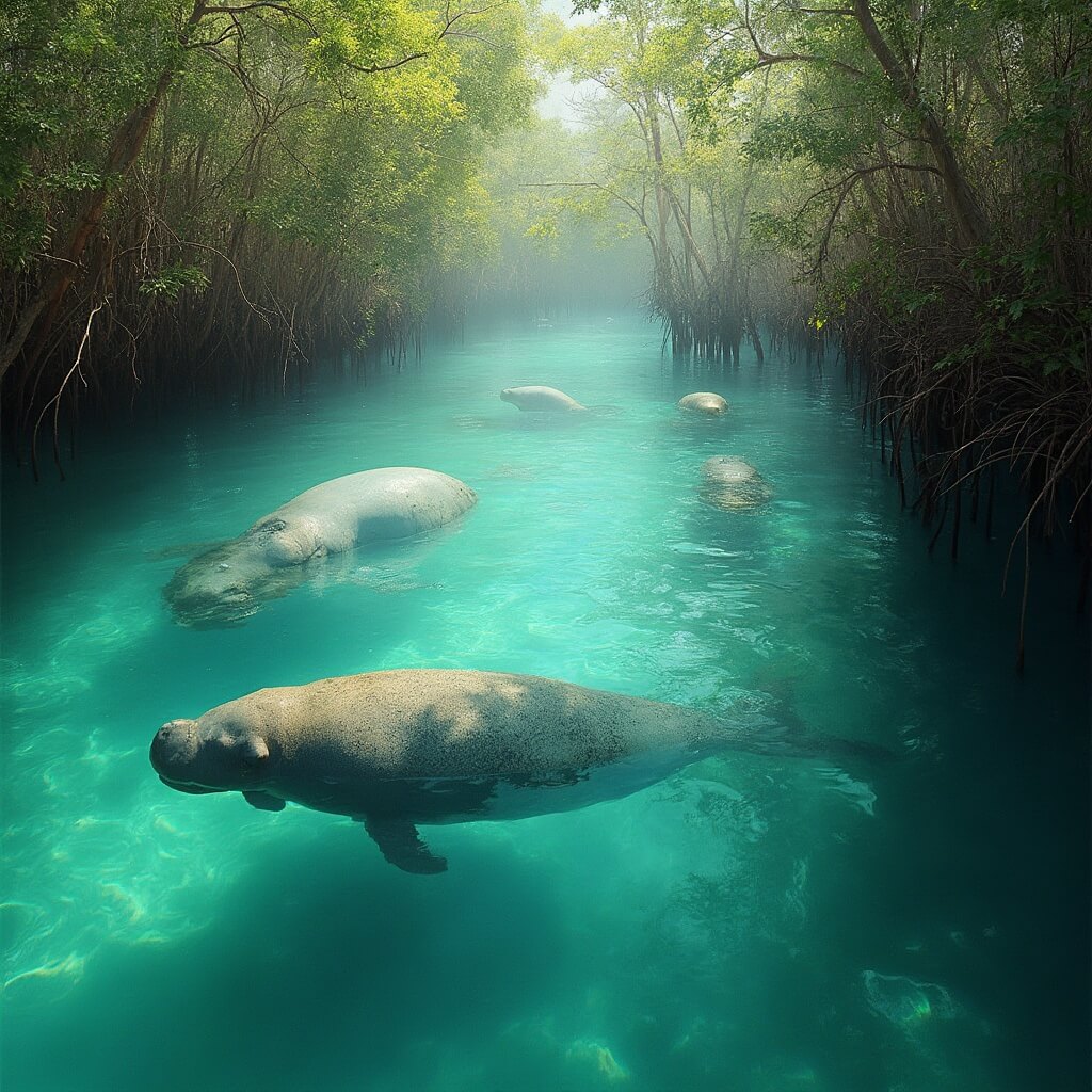 Manatees swimming in a clear turquoise Florida waterway surrounded by mangroves in soft morning light