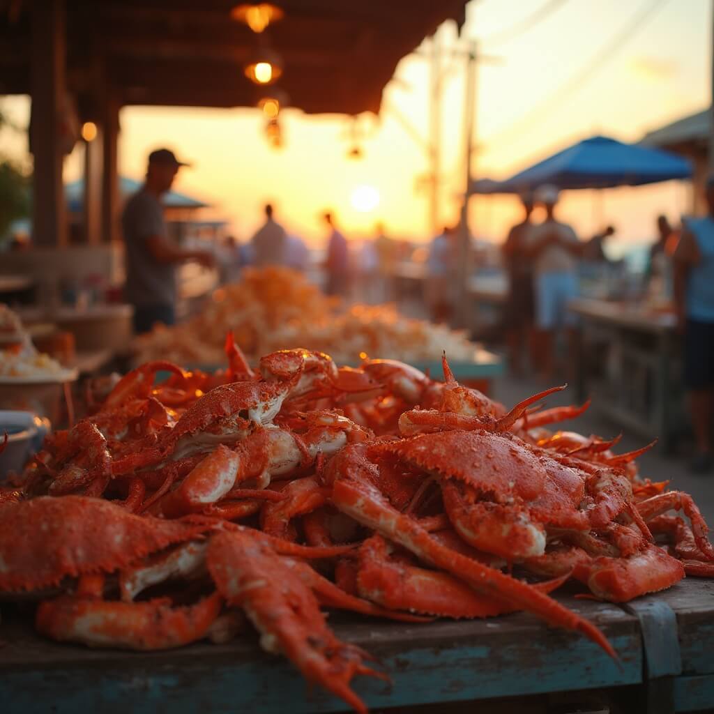 Fresh stone crab claws at vibrant Florida seafood market at sunset with local fishermen in background