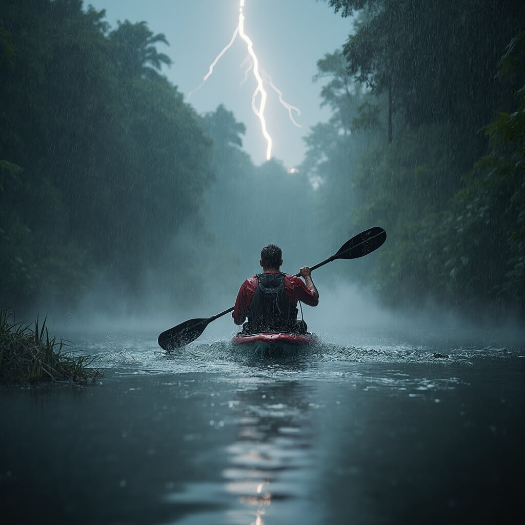 Scorching Sun, Tropical Rains: Your Ultimate Guide to Port St. Lucie in June 🌴🌦️ Kayaker navigating through misty Florida river during a tropical thunderstorm with lightning illuminating dense vegetation on riverbanks
