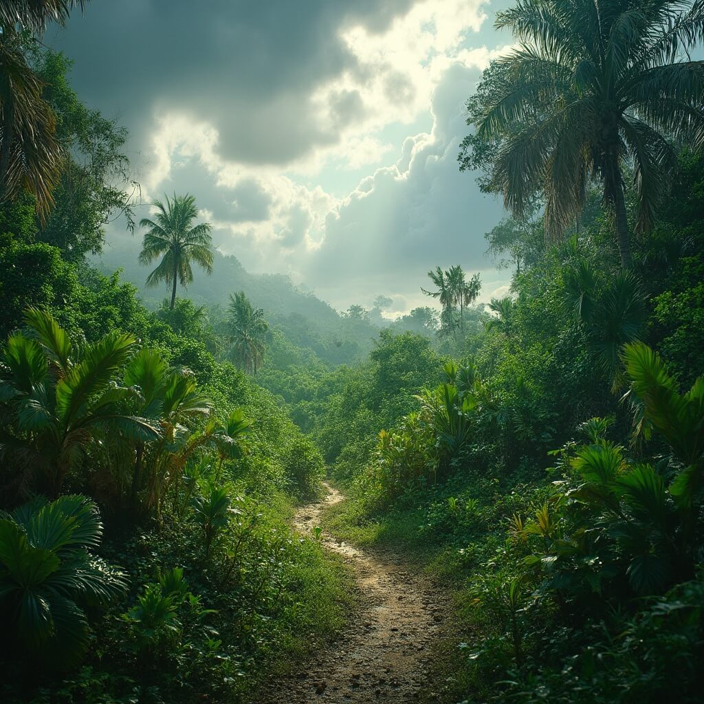 Port St. Lucie in July: Your Ultimate Hot & Happening Summer Survival Guide Vibrant Florida nature preserve with lush greenery and a winding hiking trail under gathering storm clouds, highlighting sunlight piercing through clouds and water droplets on tropical foliage
