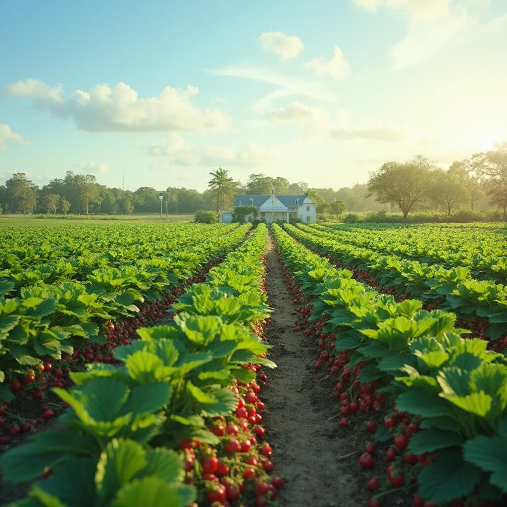 Vibrant strawberry field in Central Florida with ripe strawberries, rolling terrain, a distant farmhouse, under a clear blue sky with wispy clouds in soft sunlight