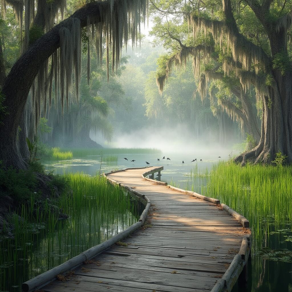 Boardwalk winding through serene Florida wetlands with morning mist, wading birds, cypress trees draped in Spanish moss, and visible wildlife, taken in professional nature photography style