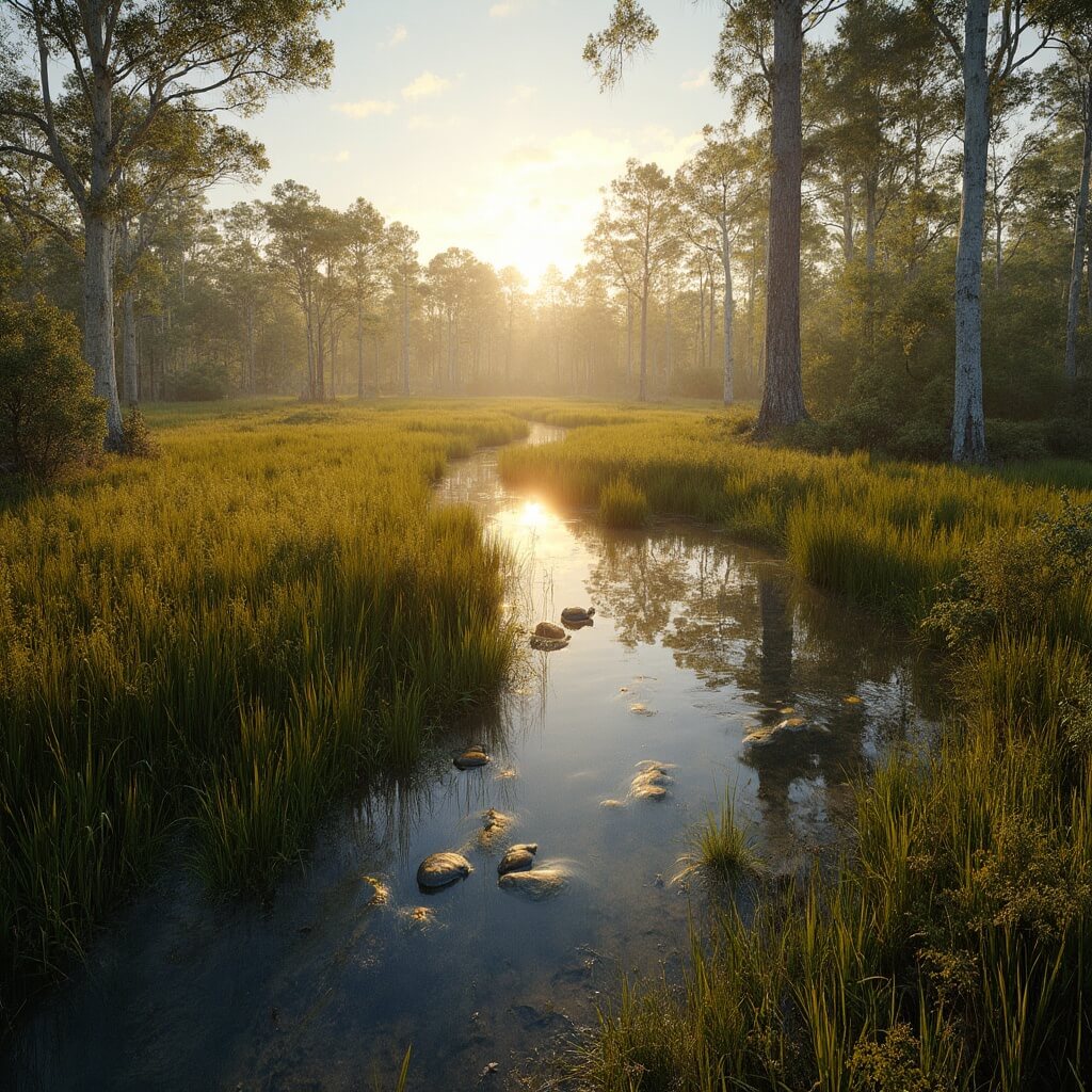 Port St. Lucie: Your Ultimate May Escape (Without the Tourist Trap Madness) Savannas Preserve State Park at golden hour featuring expansive wetlands, native pine flatwoods, diverse wildlife, winding hiking trails, and soft dappled shadows