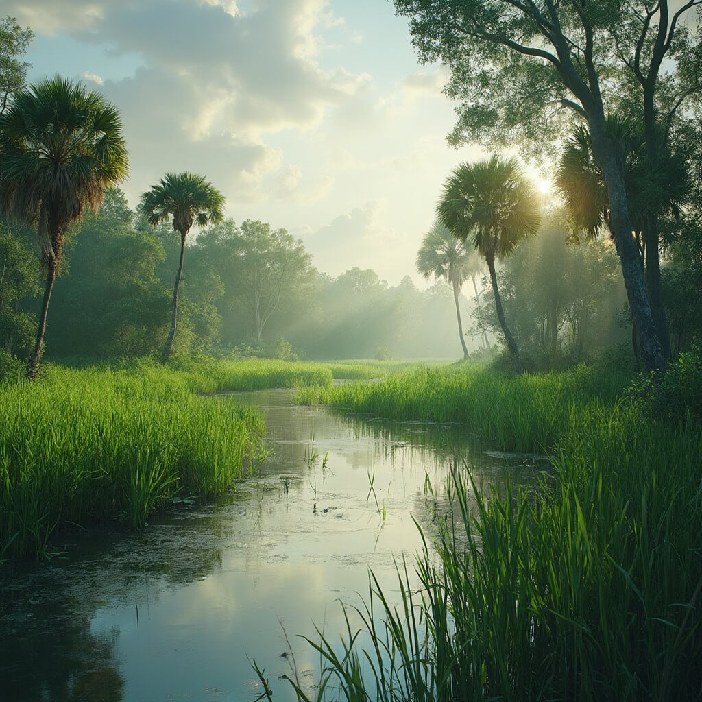 Port St. Lucie: Your Ultimate May Escape (Without the Tourist Trap Madness) Savannas Preserve State Park in May with vibrant green wetlands, sunlight filtering through palm trees and sawgrass, water reflections on mirror-like surface, and dramatic sky with cloudformation in untouched wilderness landscape