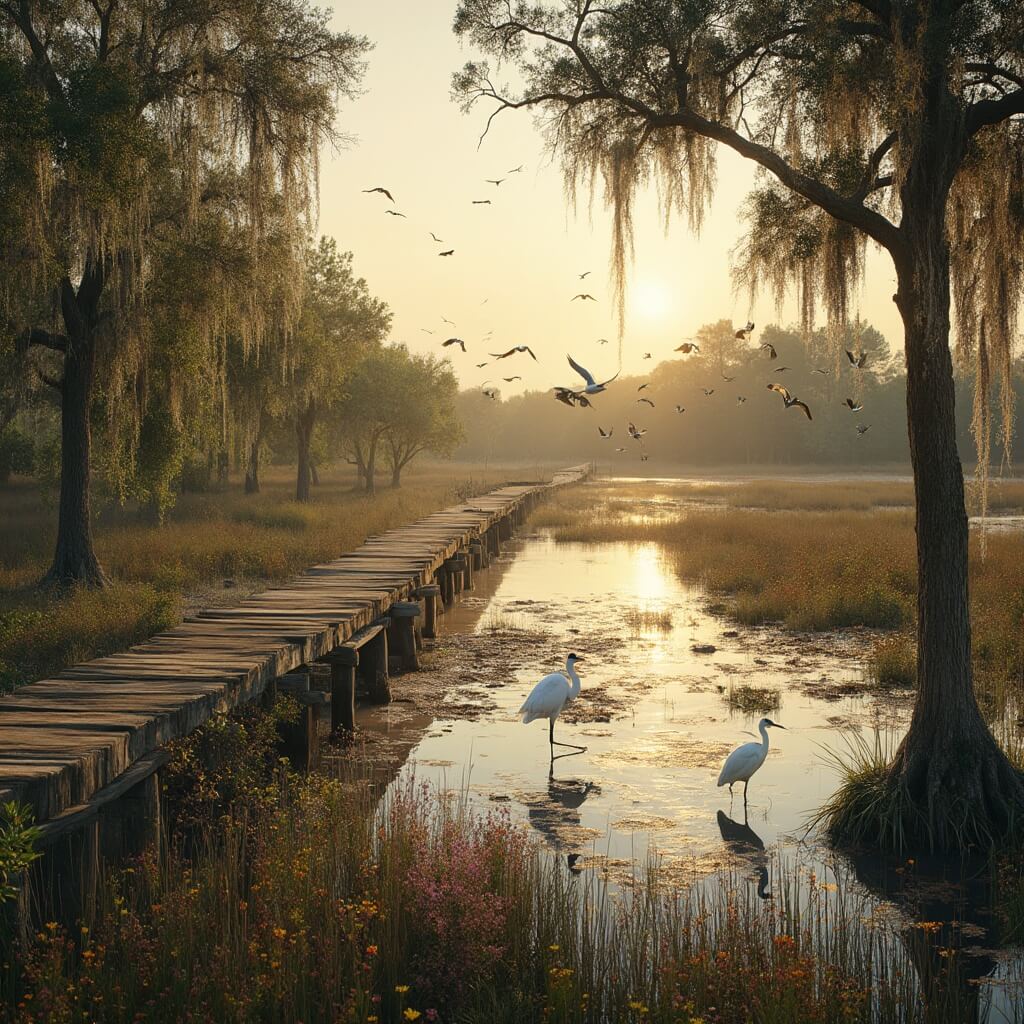Wooden boardwalk over marshy wetlands at golden hour in St. Marks National Wildlife Refuge, featuring flight of migratory birds, cypress trees with Spanish moss, calm water reflections, and early blooming wildflowers