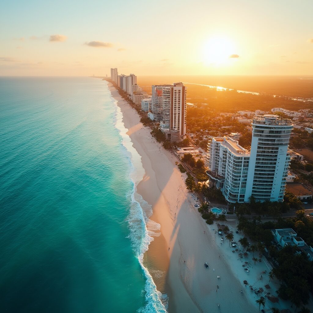 Aerial view of Fort Lauderdale coastline at sunset with pristine beaches, luxurious waterfront hotels, and palm trees, in vibrant shades of blue and orange