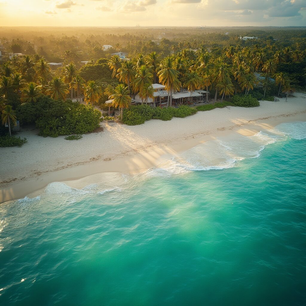 Aerial view of an empty Fort Lauderdale beach at golden hour with clear turquoise waters, sandy shoreline, palm trees, lush vegetation and calm water reflection