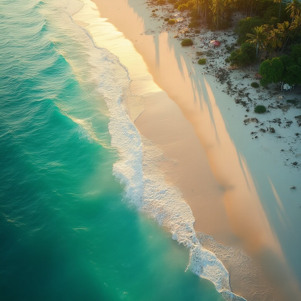 Aerial view of Fort Lauderdale beach with turquoise waters, sandy shoreline, and palm trees during golden hour