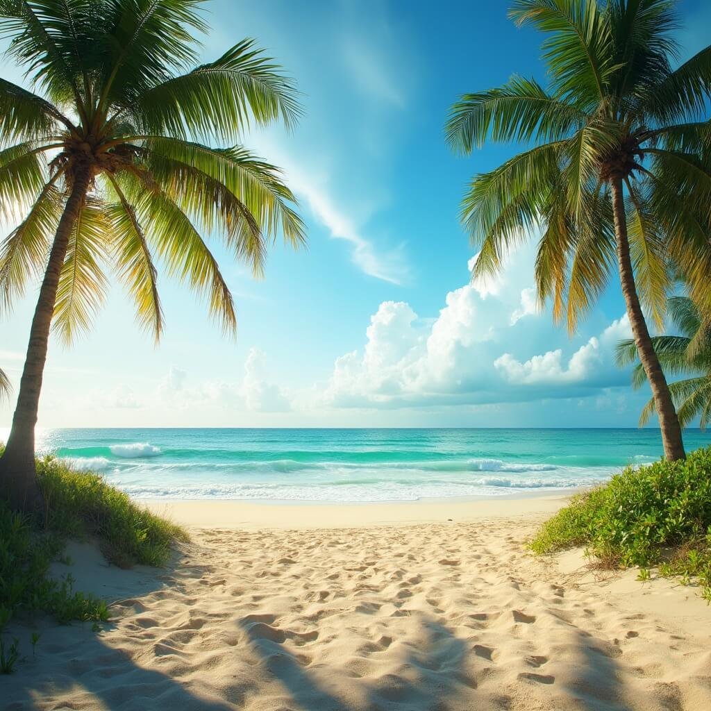 Early morning view of a pristine, golden sandy beach in Fort Lauderdale with turquoise waves, tall palm trees, wispy clouds in a bright blue sky, and a warm sunlight glow