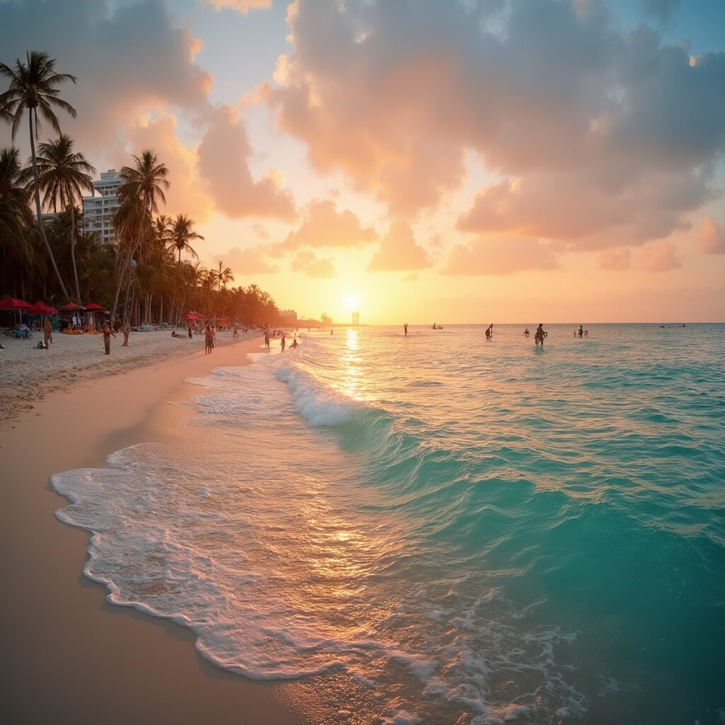 Panoramic view of Fort Lauderdale beach during golden hour with silhouetted palm trees, clear turquoise water, soft sand, and distant watersport enthusiasts against a vibrant orange and pink sunset sky