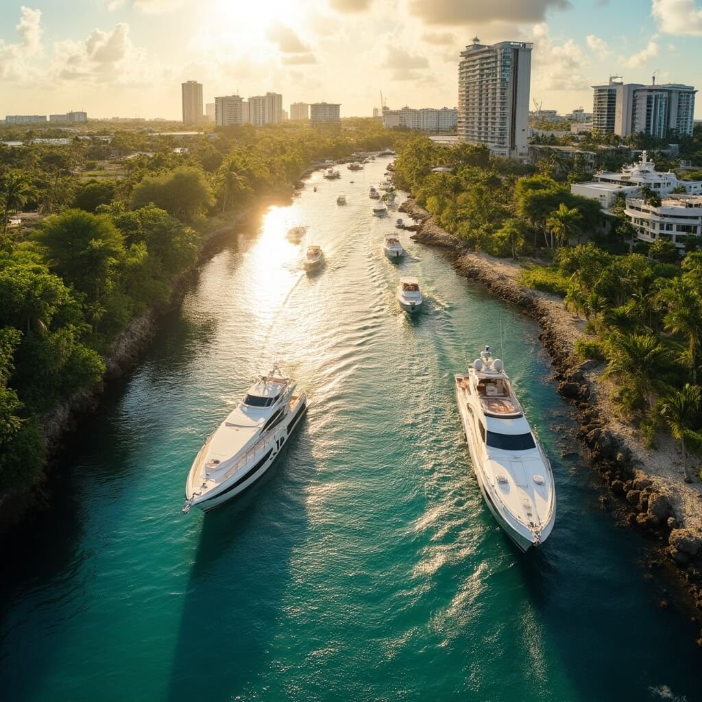 Luxury boats and yachts in Fort Lauderdale's scenic waterway, with lush tropical vegetation on shorelines and modern waterfront buildings in the distance under bright sunlight