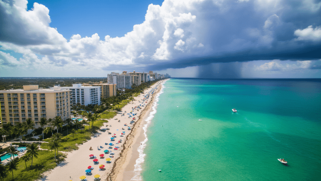 Fort Lauderdale in July: Your Ultimate Scorching Summer Paradise Guide "Sunny July afternoon view of Fort Lauderdale's coastline with turquoise waters, thunderclouds over the ocean, colorful beach umbrellas, palm trees, beachfront hotels, water canals, and lens flare effects indicating intense heat, 4K resolution."