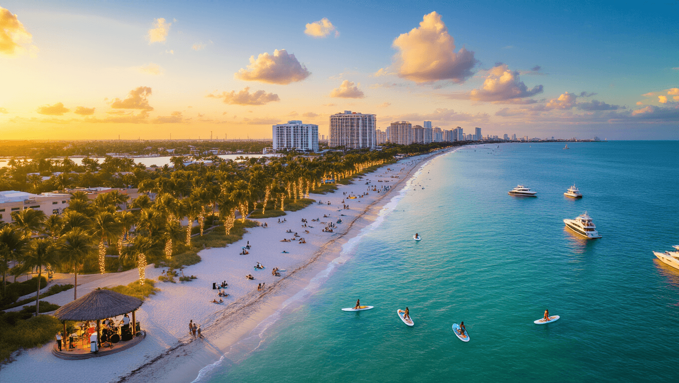"Panoramic view of Fort Lauderdale coastline at sunset with beachgoers, a jazz band, holiday lights on Las Olas Boulevard and luxury yachts on clear turquoise water"