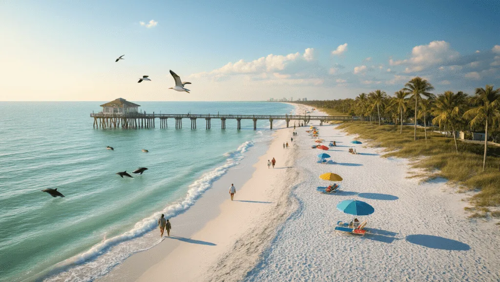 Why Fort Myers Beach is Your Perfect January Winter Escape "Aerial view of Fort Myers Beach on a clear January morning, featuring dolphins jumping in the turquoise Gulf waters, pelicans in flight, beachgoers in sweaters, colorful beach umbrellas on white sand, and the Fort Myers Beach Pier extending into the water, framed by palm trees in warm morning sunlight."