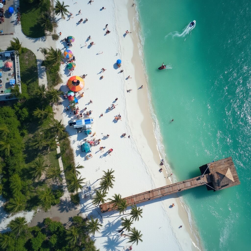 Fort Myers Beach: Your Ultimate May Escape Revealed (Without the Tourist Traps!) Aerial view of Fort Myers Beach on a sunny day, showcasing the seven-mile stretch of white sand, turquoise waters, palm trees, colorful umbrellas, jet skiers, parasailers, and people on a wooden pier.