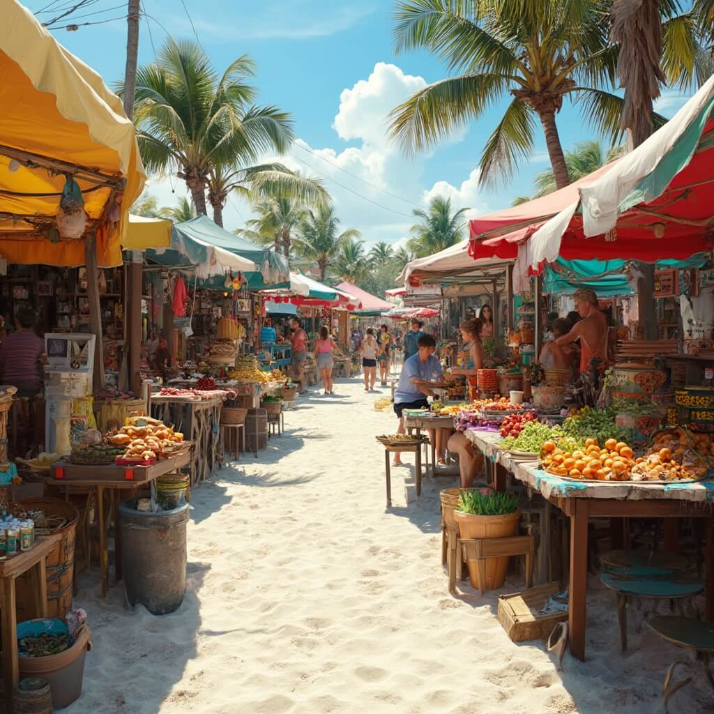 Why Fort Myers Beach is Your Perfect January Winter Escape Colorful local farmers market on Fort Myers Beach, featuring stalls with fresh produce, handmade crafts on wooden tables, locals chatting, and warm community atmosphere with sunlight streaming through