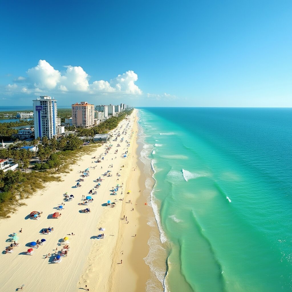 Fort Myers Beach in July: Your Ultimate Scorching Summer Survival Guide Panoramic view of Fort Myers Beach with sunbathers, colorful umbrellas, palm trees, crystal clear turquoise Gulf waters, and distant beachfront hotels against blue sky in July.