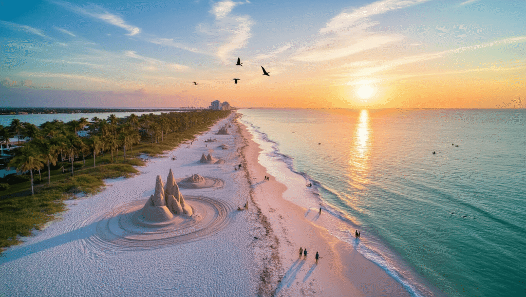 Why November is the Secret Paradise of Fort Myers Beach You Never Knew About "Aerial drone shot of Fort Myers Beach at sunset, showcasing sand sculptures, dolphins, kayakers, and migratory birds amidst a serene coastal landscape in November."