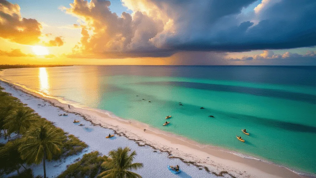 Uncover the Hidden Gem of Florida: Why Fort Myers Beach in April Will Blow Your Mind "Aerial view of Fort Myers Beach at sunset featuring pristine white sand, turquoise Gulf waters, colorful umbrellas, swaying palm trees, beachgoers doing activities, wooden walkways, mobi-mats, restored beach areas, and the Times Square area in the distance with warm lighting and long shadows."