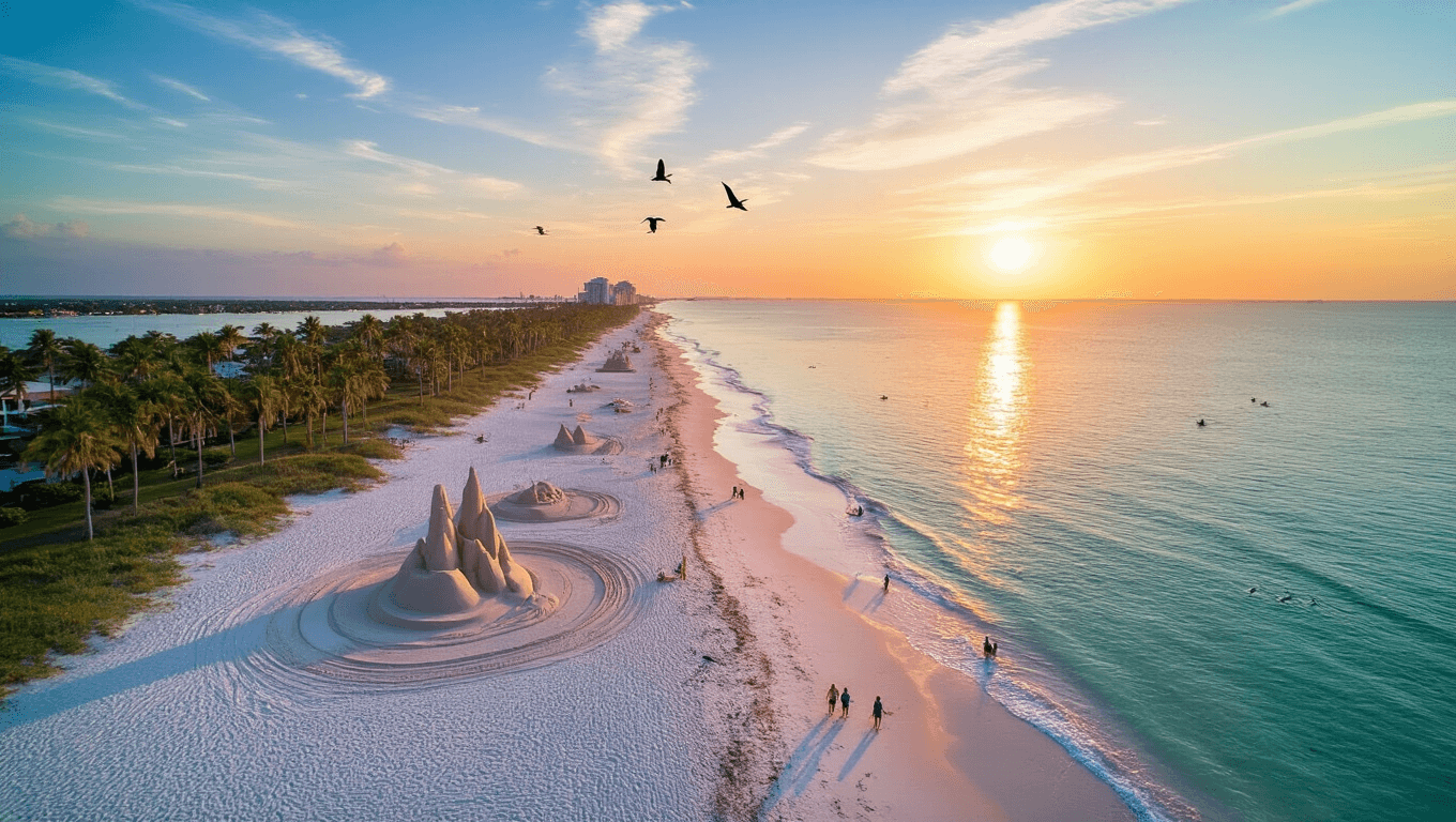 "Aerial drone shot of Fort Myers Beach at sunset, showcasing sand sculptures, dolphins, kayakers, and migratory birds amidst a serene coastal landscape in November."