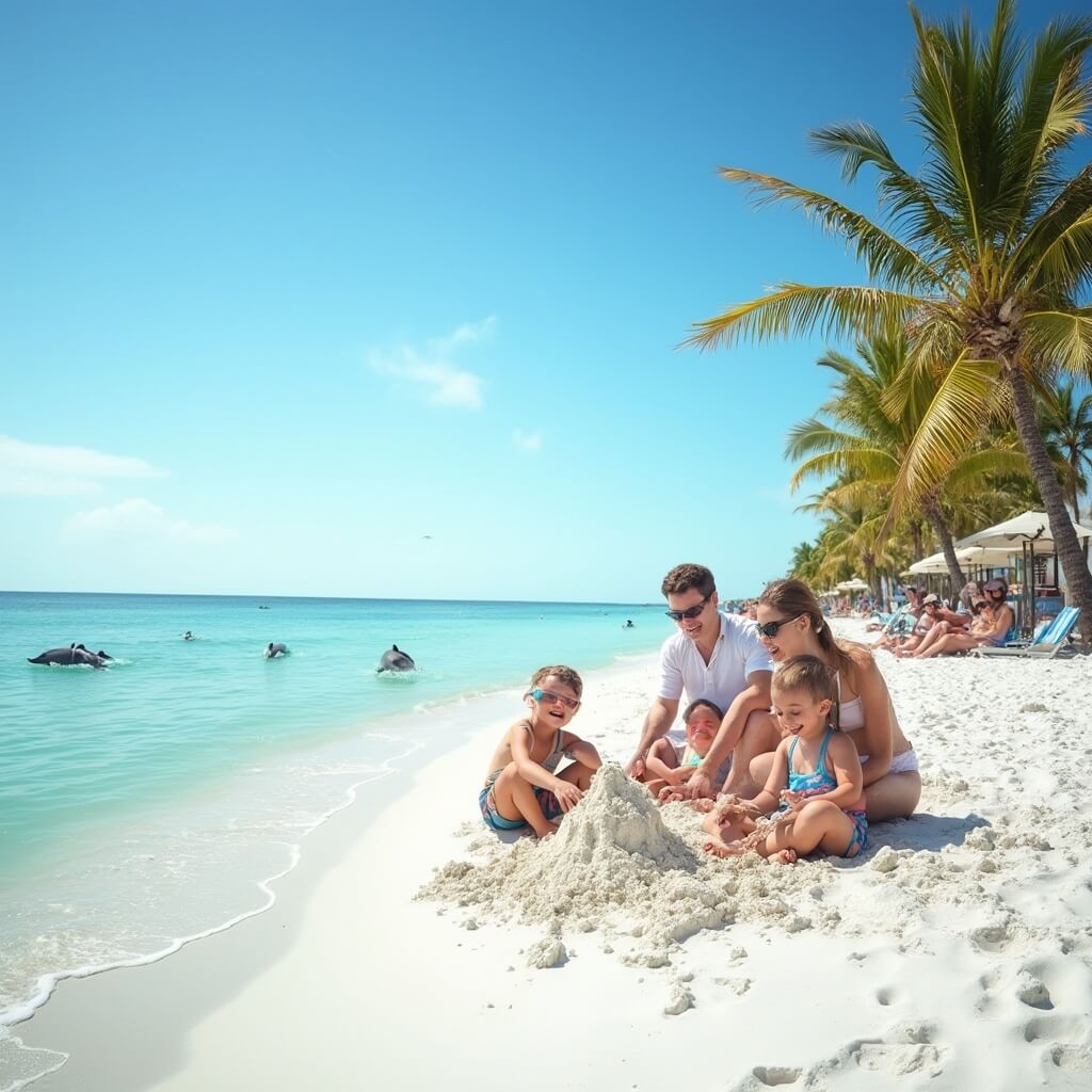 Family building a sandcastle on the powdery white sands of Fort Myers Beach under a blue sky with playful dolphins in the turquoise Gulf of Mexico waters