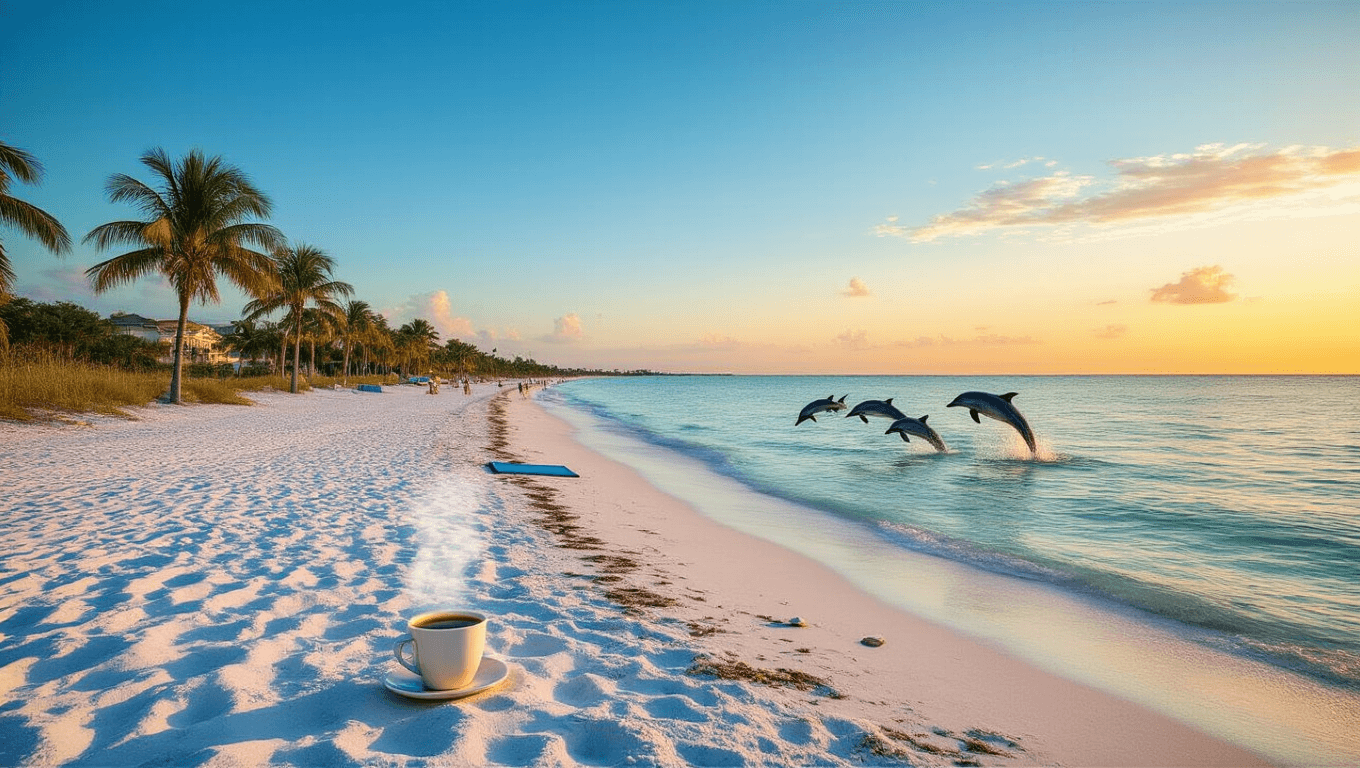 "Panoramic view of Fort Myers Beach at sunrise with dolphins in turquoise Gulf waters, coffee cup in pristine sand, MOBI mats, boardwalks and palm trees along the coastline, with tourists shelling in early morning light."
