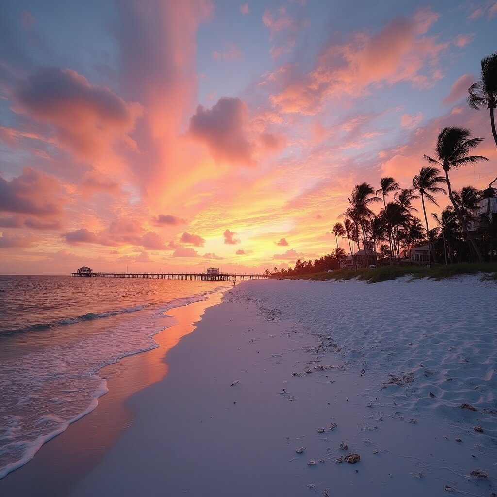 Uncover the Hidden Gem of Florida: Why Fort Myers Beach in April Will Blow Your Mind Panoramic sunset view over Fort Myers Beach with a colorful sky, silhouetted palm trees, beachgoers, and a long distant pier.