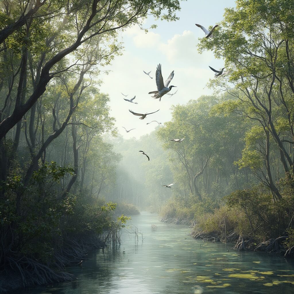 March in Cape Coral: Your Ultimate Sunshine Escape (Without the Summer Crowds) Migratory birds mid-flight over mangrove forests at Four Mile Cove Ecological Preserve in soft afternoon light