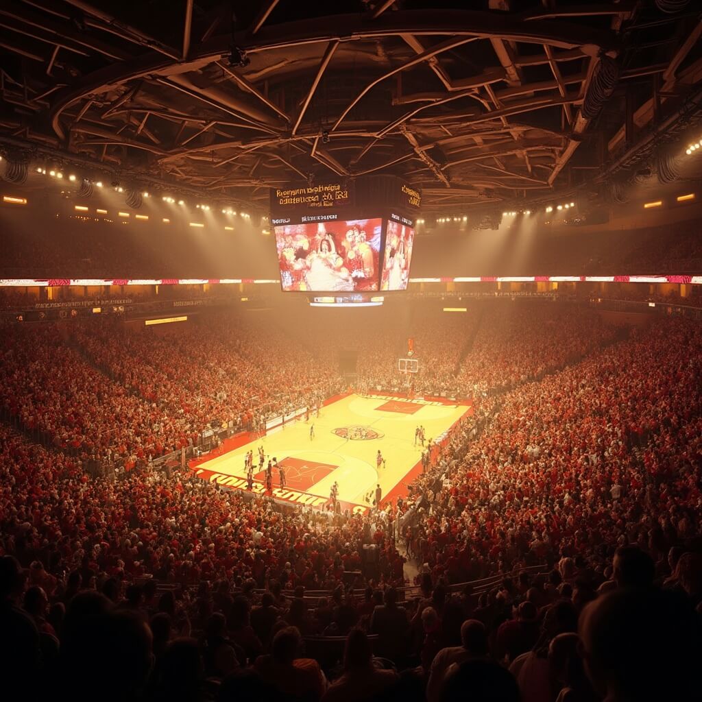 Tallahassee in January: Your Ultimate Cold-Weather Adventure Guide High-angle view of a packed FSU basketball game in an arena with golden lighting, passionate fans in garnet and gold colors, and a glossy hardwood court reflecting overhead lights