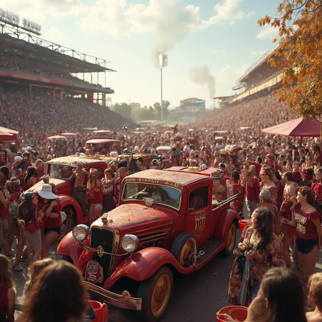 Why Tallahassee in October is Your Next Epic Adventure Energetic college students in garnet and gold attire celebrating at Florida State University tailgate, vintage pickup trucks and fall decorations in the background amidst a bustling, sunlit stadium atmosphere
