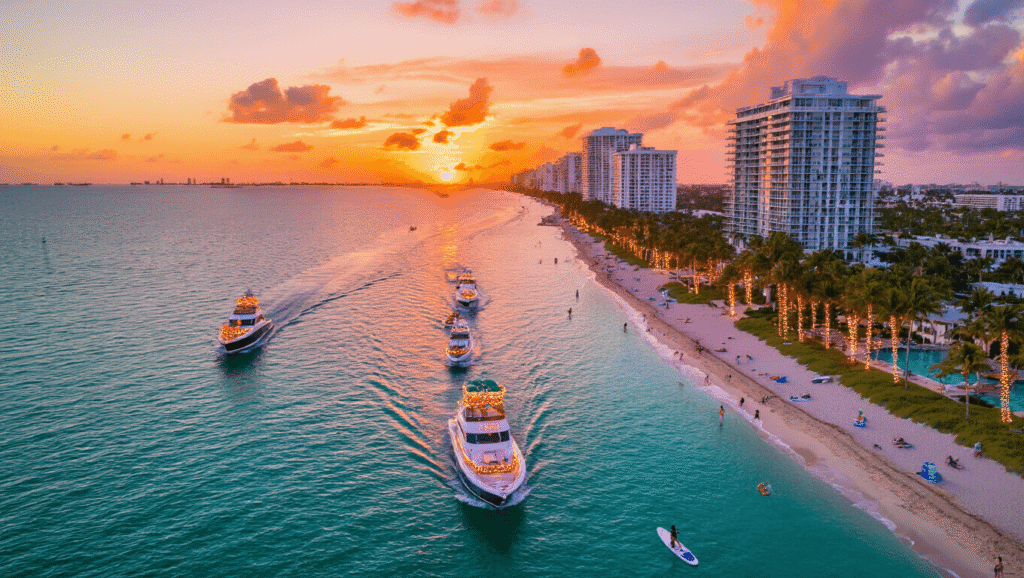 Why Freeze? Discover Fort Lauderdale's December Paradise (Locals' Secrets Revealed!) "Aerial view of Fort Lauderdale's coastline at sunset with Christmas-decorated luxury boats, palm trees, beachgoers, beachfront hotels and a paddleboarder"