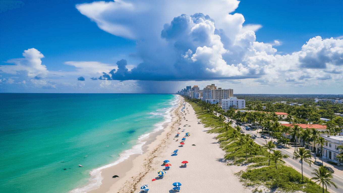 "Aerial view of Fort Lauderdale's coastline on a sunny June afternoon with turquoise waters, white sandy beaches, palm trees, burgeoning storm clouds, and wildlife including a nesting sea turtle and dolphins."