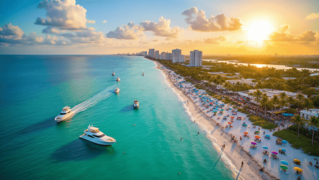 Tropical Paradise Beckons: Why Fort Lauderdale in October is Your Ultimate Escape "Aerial view of Fort Lauderdale coastline during sunset featuring turquoise waters, white sandy beaches, colourful beach umbrellas, luxury yachts, swaying palm trees, bustling Las Olas Boulevard, and a vibrant sky."