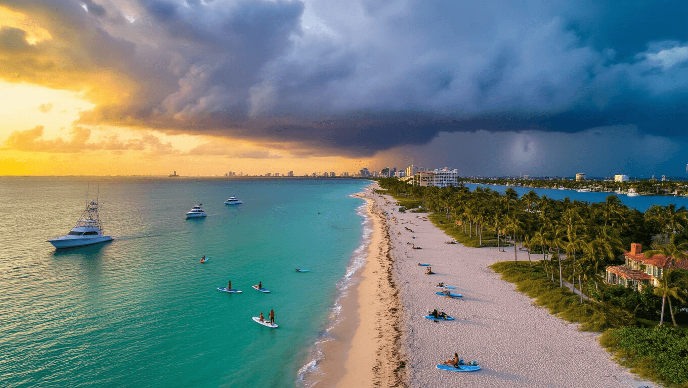 "Panoramic sunset view of Fort Lauderdale's coastline, displaying pristine beaches, turquoise-blue waters, Las Olas Boulevard palm trees, luxury yachts in the marina, Bonnet House in the background, and afternoon thunder clouds forming on the horizon."