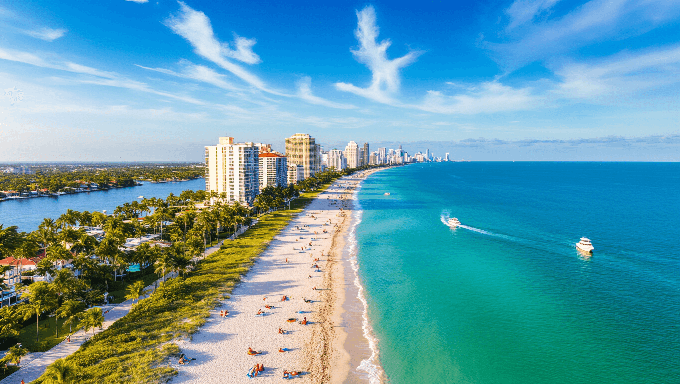 "Aerial view of Fort Lauderdale's coastline, featuring turquoise waters, white sandy beaches, Las Olas Boulevard, beachgoers, boats, Hugh Taylor Birch State Park, and the city's skyline on a sunny winter afternoon"