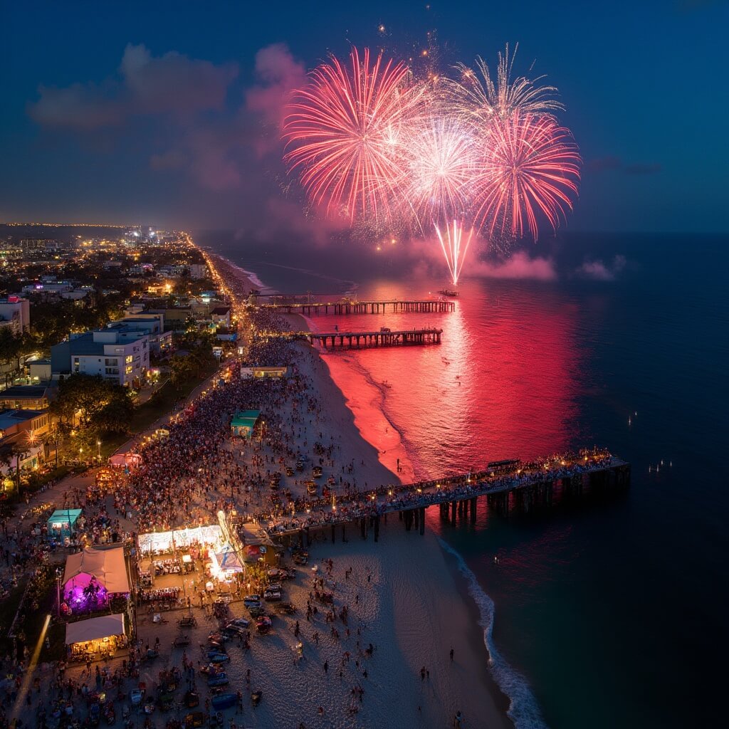 Fort Myers Beach in July: Your Ultimate Scorching Summer Survival Guide Aerial view of Times Square in Fort Myers Beach during the Fourth of July celebration showing crowd watching fireworks over the Gulf waters, live band performance in Bayside Park and iconic pier.