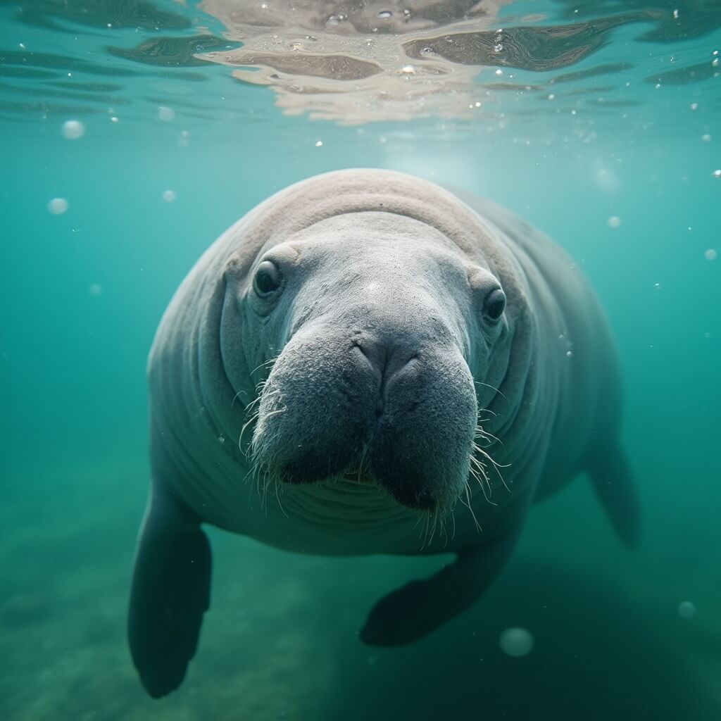 Close-up underwater image of a manatee swimming in clear warm waters, with morning light highlighting its textured skin in a peaceful blue and green environment