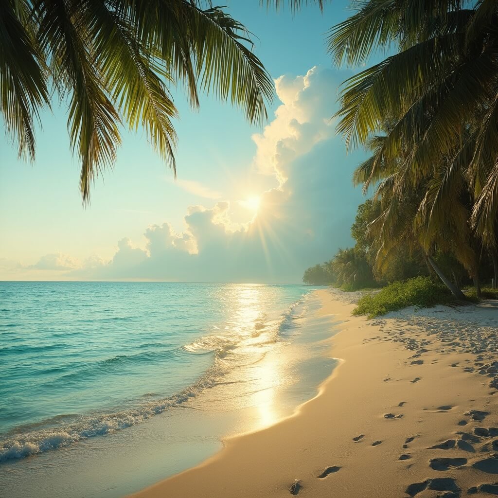 Golden hour at a pristine Fort Lauderdale beach with clear turquoise waters, sandy shoreline, gathering thunderclouds in the distant horizon, under a warm sunlight glow, flanked by tropical palm trees with no people visible