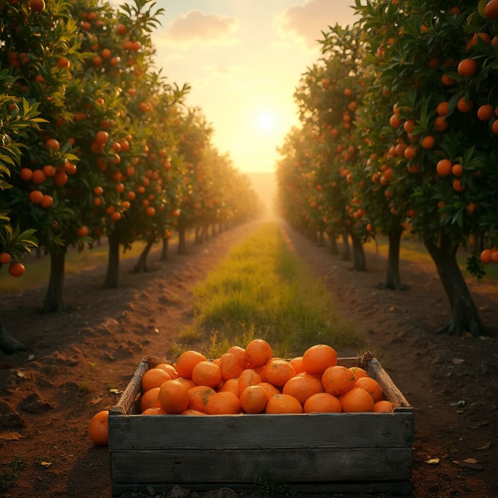 A sunlit citrus grove in Florida during golden hour, showing lines of orange trees with ripe fruits and wooden crates filled with freshly picked oranges upfront.