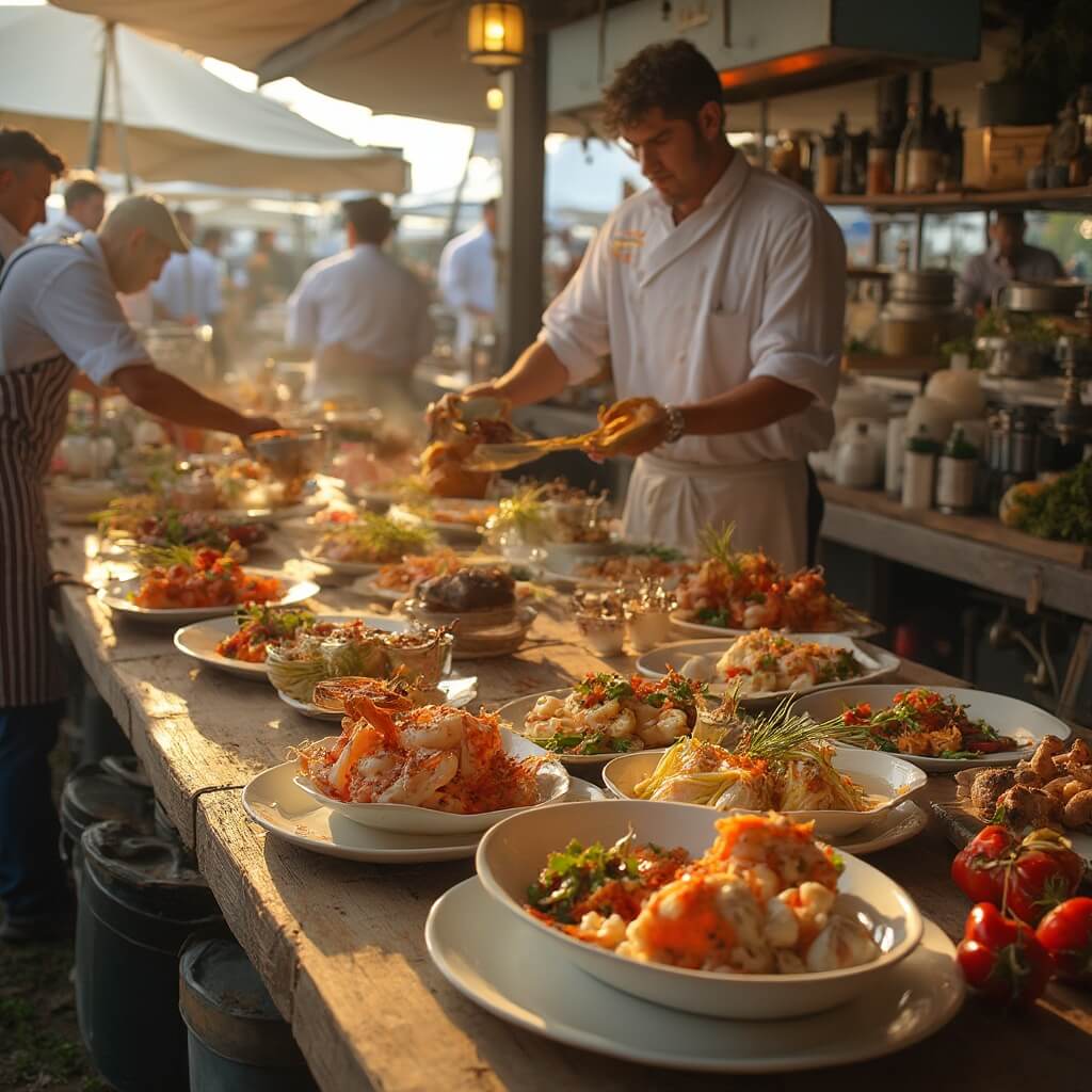 Chefs preparing regional seafood dishes on rustic tables at a Gulf Coast food festival, under soft November sunlight with fresh local ingredients and a warm color palette