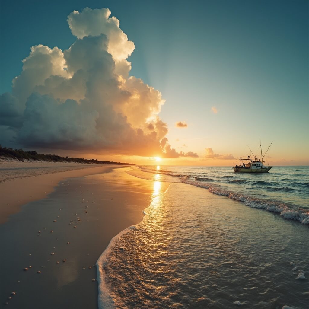 Escape the Summer Crowds: Why Panama City Beach in September is Your Secret Getaway Paradise Panoramic view of a Gulf Coast beach at sunset with low storm clouds, illuminated sandy shoreline, and fishing boats anchored nearby