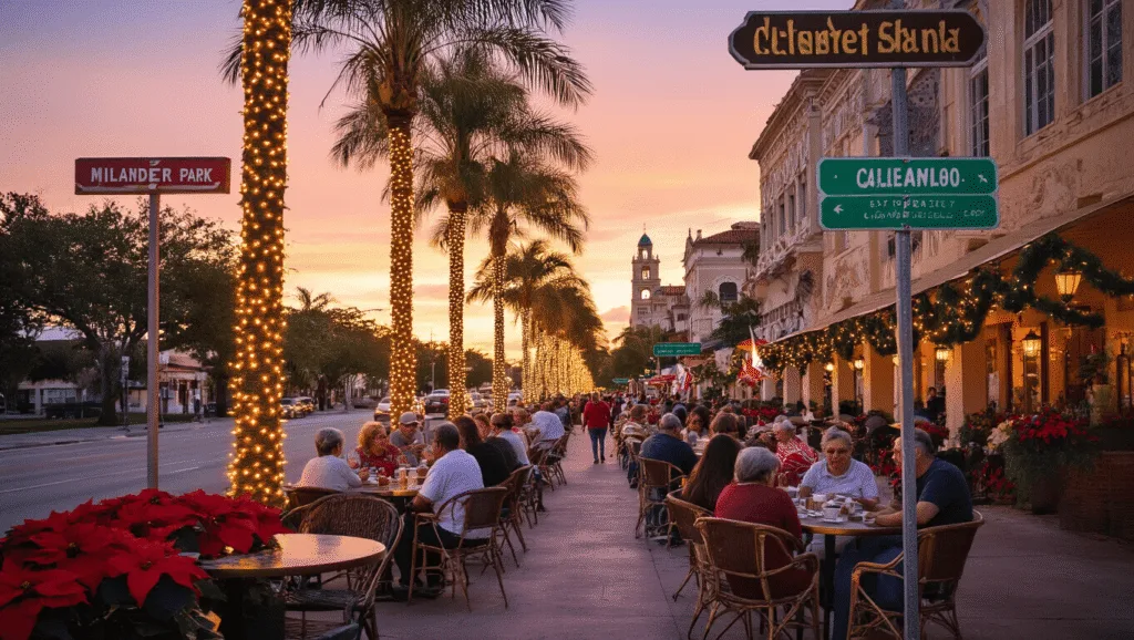 Hialeah in December: Your Ultimate Warm-Weather Winter Escape "Cuban-American families at café tables under decorated palm trees during a warm pink-orange sunset in Hialeah, Florida with poinsettia plants, a view of Milander Park and historic architecture."