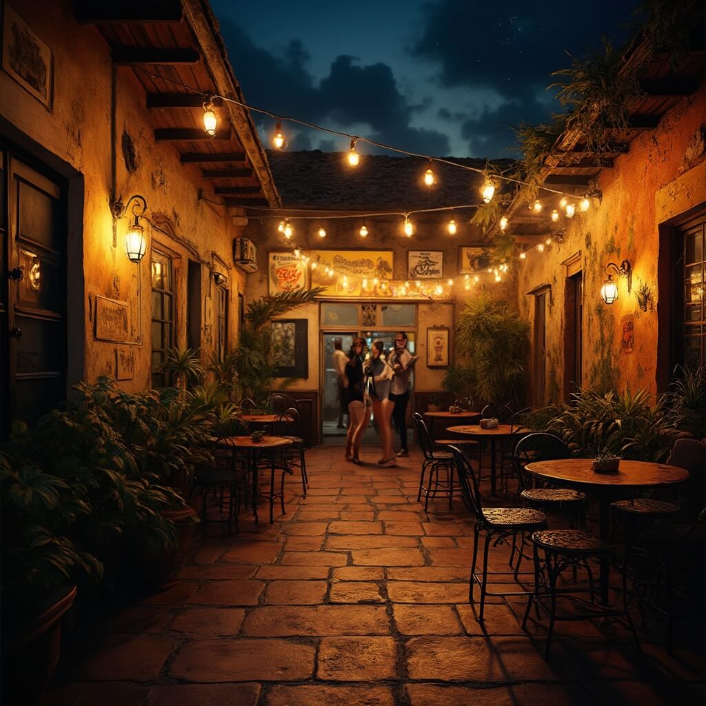 Hialeah in December: Your Ultimate Warm-Weather Winter Escape Traditional Latin café in Hialeah at night, with string lights illuminating the outdoor courtyard featuring brick walls, Cuban tile floors, iron-chair tables, tropical plants, and salsa-dancing couples.