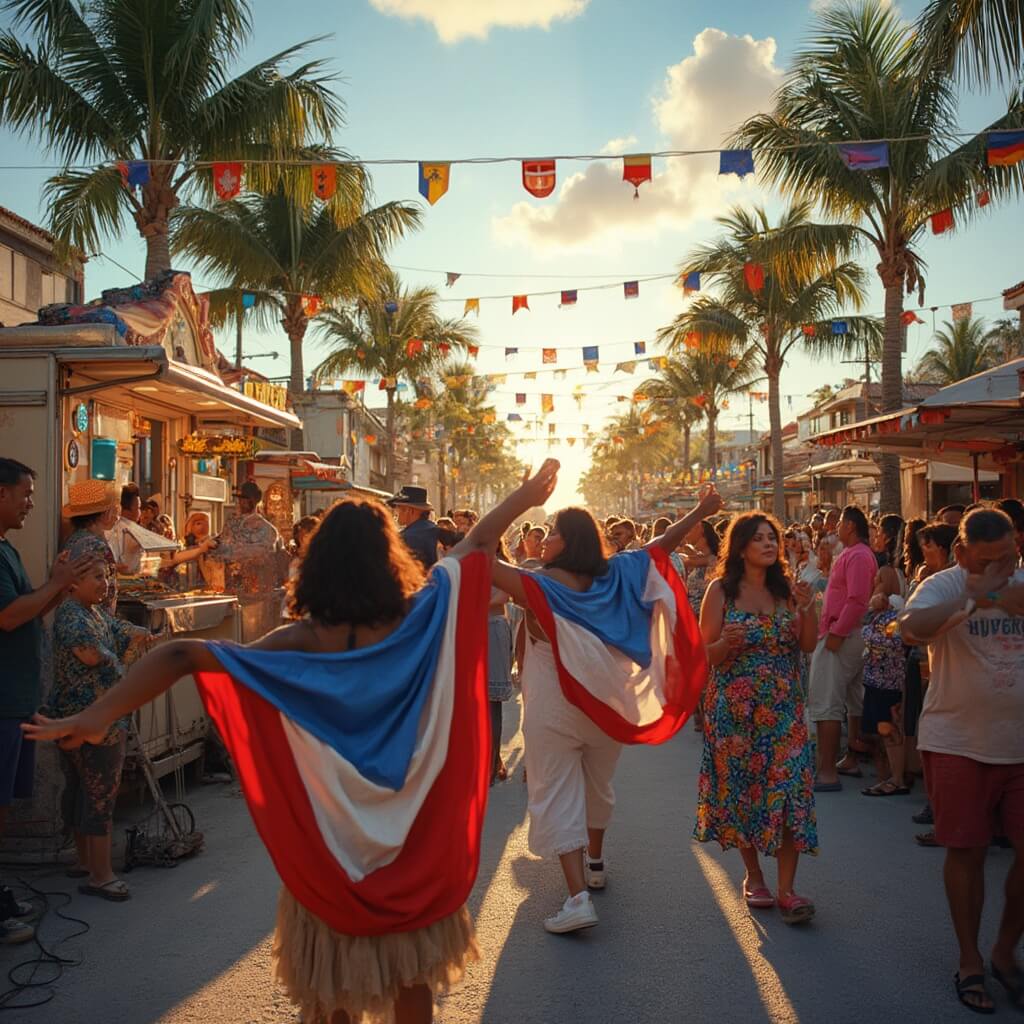 Hialeah in October: Your Ultimate Guide to South Florida's Hidden Cultural Gem Cuban-American families celebrating October festivity in a bustling Hialeah neighborhood with colorful street decorations, food trucks, live music, warm tropical lighting, palm trees, and lively street dancing